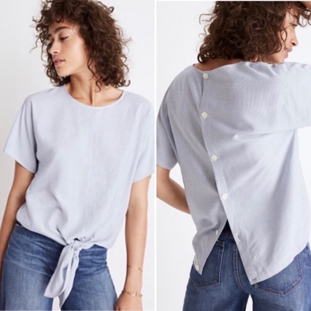 Madewell Striped Front Tie Top Short Sleeves Back Buttons Blue Sz XXS